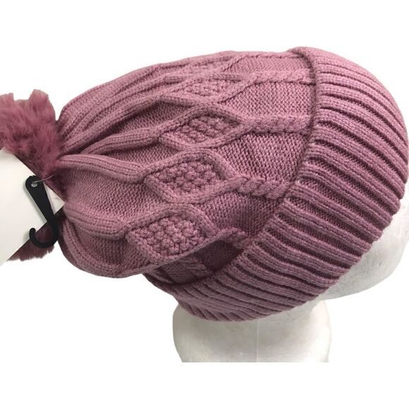 Pink Mauve Cable Knit Sherpa Pom Pom Winter Beanie - Picture 4 of 9